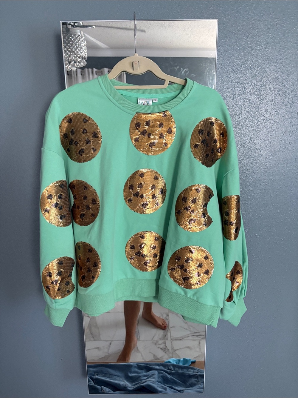 QUEEN OF SPARKLES Mint Green Sequin Polka Dot Sweatshirt